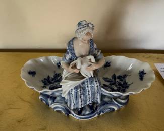 #52 - $225 - Meissen porcelain sweetmeat dish woman holding geese 10x8 approx
