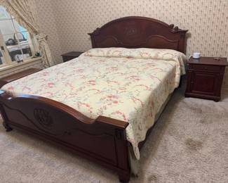#1 - $1,650 - Burl Rosewood walnut king size bed - 2 night chests -22x20x16 Vanity 64Lx29 1/2"x19D with mirror & chair & (2) 3 drawer dresser 37Lx29Tx18 with Restonic mattress - clean