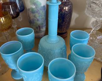 ##51 - $120 - Set of 6 Aqua blue opaline milk glass goblets with decanter