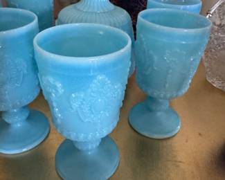 #51 - $120 - Set of 6 Aqua blue opaline milk glass goblets with decanter