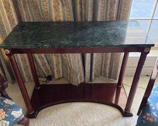 #43 - $140 -Marble top green console table on columns 34x28x14