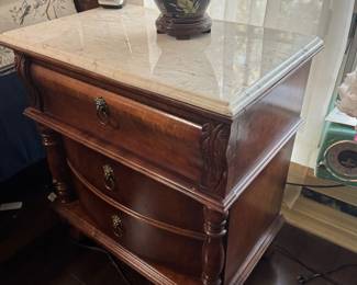 #21 $1,650- King size Bedroom set wood - 5 pieces : four poster bed, with 2 night stands marble top 26Lx29Tx16D, - 6 drawers tall chest 38x54x19 + chest drawers with mirror 54x75x19