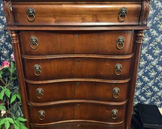 #21 - $1,650. King size Bedroom set wood - 5 pieces : four poster bed, with 2 night stands marble top 26Lx29Tx16D, - 6 drawers tall chest 38x54x19 + chest drawers with mirror 54x75x19