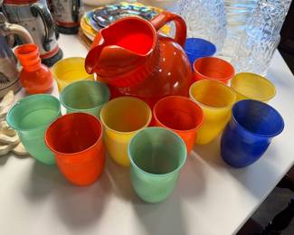 #34 - $150 -Vintage Anchor Hocking Rainbow line pitcher & goblets with 12 goblets