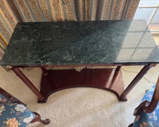 #43 - $140 -Marble top green console table on columns 34x28x14