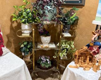 Antique Brass & Marble Triple Plant Stand