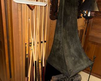 Freestanding fireplace and pool cues