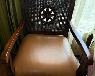 Pair of wood,caned back chairs w/ leather seats
