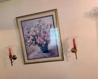 Two brass wall candleholders and a glorious matted and framed “Florals in a Vase”