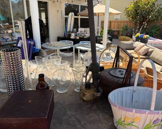 Assorted baskets, glassware, outdoor furniture