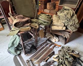 Military: k-bar knives, machetes, sheaths, hats, field caps, stretcher, mummy bags, covers, gloves, belts, mosquito nets, sleeping bag, boots, SO MUCH MORE