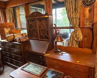 Washboard, secretary desk, coffee table, art