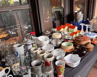 Corningware, apothecary jars, steins, mugs, casserole