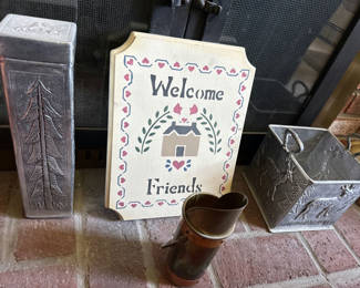 Lot 38: Welcome Friends wooden sign with metal planters and containers