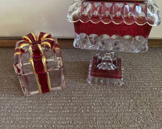 Lot 36: Red Crystal Gift Box and Westmoreland Covered Pedestal Dish Set