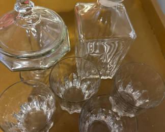 Lot 205: Glass decanter set with pedestal dish and tumblers