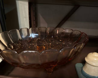 Lot 215: Amber scalloped-edge pedestal bowl, clear crystal bowl, and vintage lamp with salt and pepper shakers
