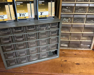 Lot 225: Metal hardware organizer with small drawers and nail boxes
