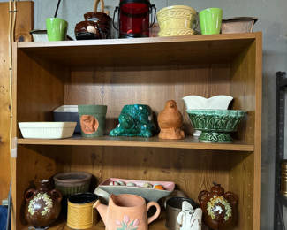 Lot 243: Assorted Ceramic Pottery on Wooden Shelf
