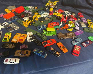 Lot 258: Assorted toy vehicles (die-cast cars, trucks, motorcycles, and military/construction vehicles)