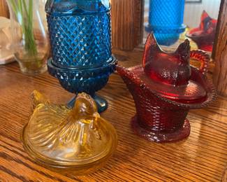 Cobalt fairy lamp and nesting chickens