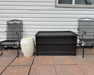 metal outside chairs, pot and outside storage