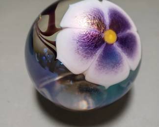 214 Lot 24 Signed Abelman art glass purple floral paperweight