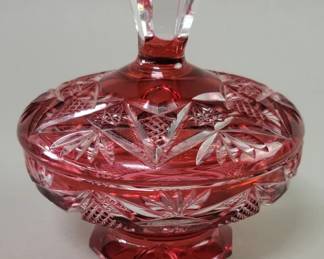 545 Lot 423 Ruby cut to clear covered bowl