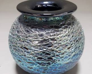 215 Lot 25 Vintage signed Abelman art glass vase dark blue