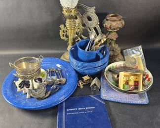 435 Lot 355 Box of misc. enamel ware, plates, mugs, brass