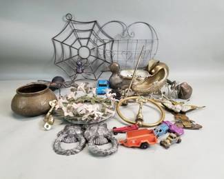 393 Lot 327 Box of brass, iron, silver plate, duck planter,