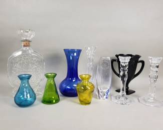 477 Lot 381 Group of glass decanter, vases and candlesticks