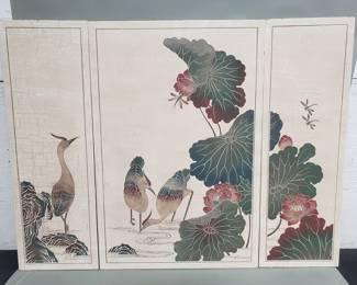 258 Lot 115 Asian engraved and hand painted three piece wall
