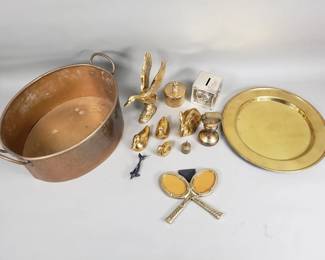 502 Lot 395 Group of brass figurines, a plate, a pot and a