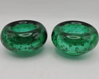 605 Lot 487h Pair of handblown green bubble art glass votive