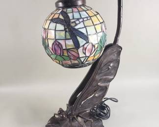 100 Lot 121 Tiffany style lamp with cast brass dragon fly base