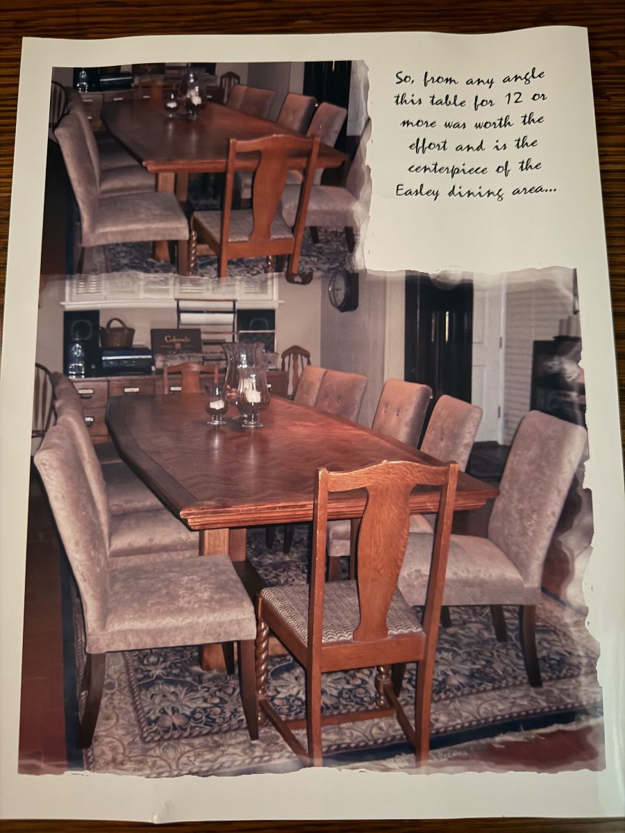 Very cool large oak parquet top dining table with 12 chairs, hand made base and solid oak construction! Chairs are sold Separately!