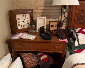 Antique table with drawer, antique clock