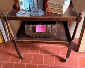 Antique Oak Tea cars, antique basket, The JOY of Cooking books