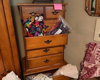 Antique solid wood chest on chest, tons of blankets and linens