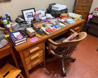 Antique oak desk, office supplies, printer, misc