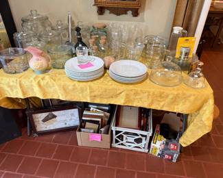 Glass jars with lids, small and large, plates, antique Cheese keepers, bread trays, glassware, frames and more!