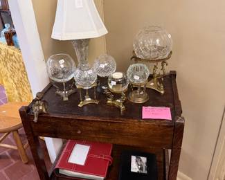 Antique Oak tea cart, rose bowls and brass holders, vintage lamp