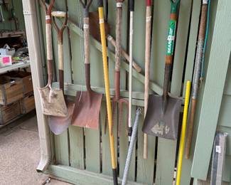 Lots of yard tools, shovels, axes, clippers and more!