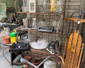 Metal bakers rack, antique sled