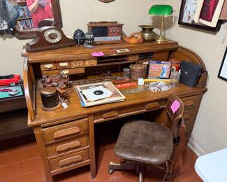 Antique Oak roll top desk, pipe caddies, LPs, collectibles