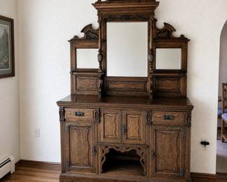 an Circa 1900 English Victorian Carved MirrorBack Sideboard Buffet