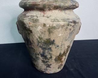 d Antique Rustic Ceramic Garden Urn with Weathered Patina and Decorative Ring Handles