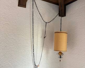 f Hanging Lamp with Amber Glass and Beige Fabric Shade