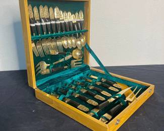 d Vintage Bronze S Samran Thailand Co. Ltd. GoldTipped Cutlery Set in Wooden Carrying Case